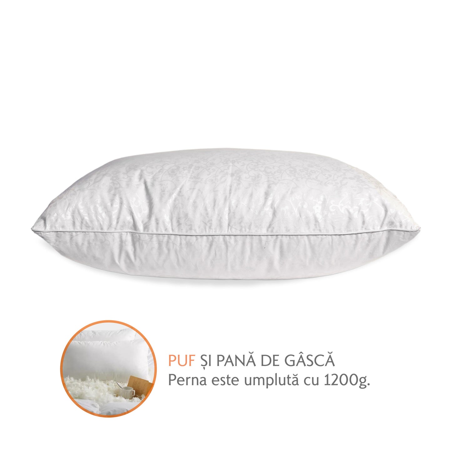 Perna Puf si Pana de Gasca, cu Imprimeu, 1200 g, 50 x 70 cm, Alb